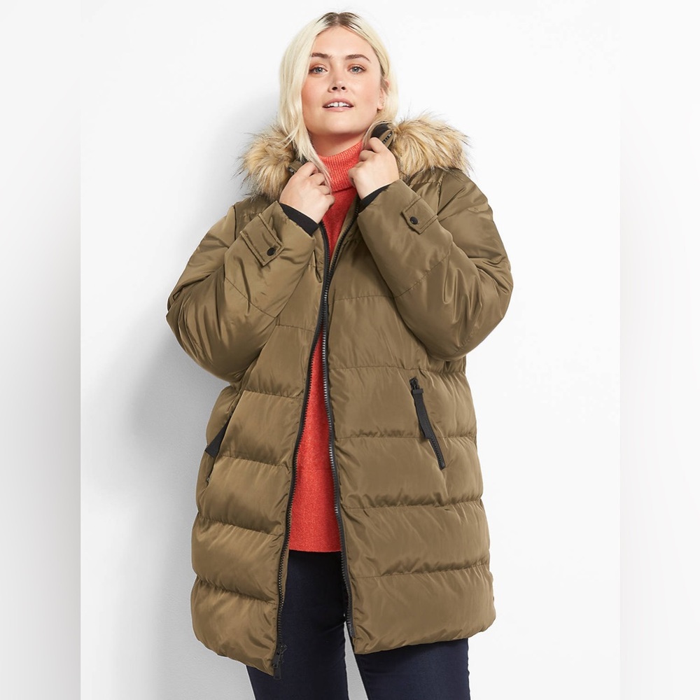 Lane Bryant Tan Puffer Jacket with Faux Fur Hood